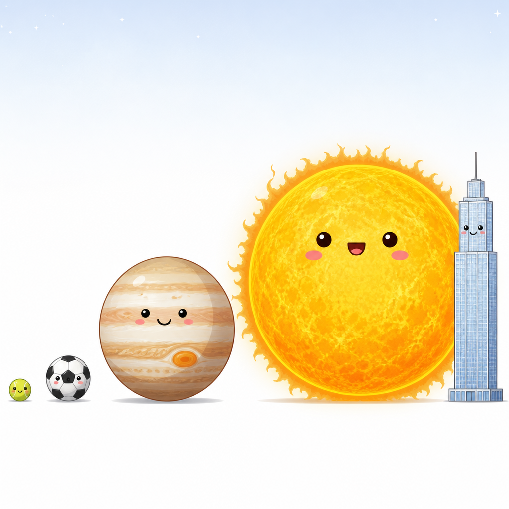 図解B:天体サイズ比較(月・地球・木星・太陽)