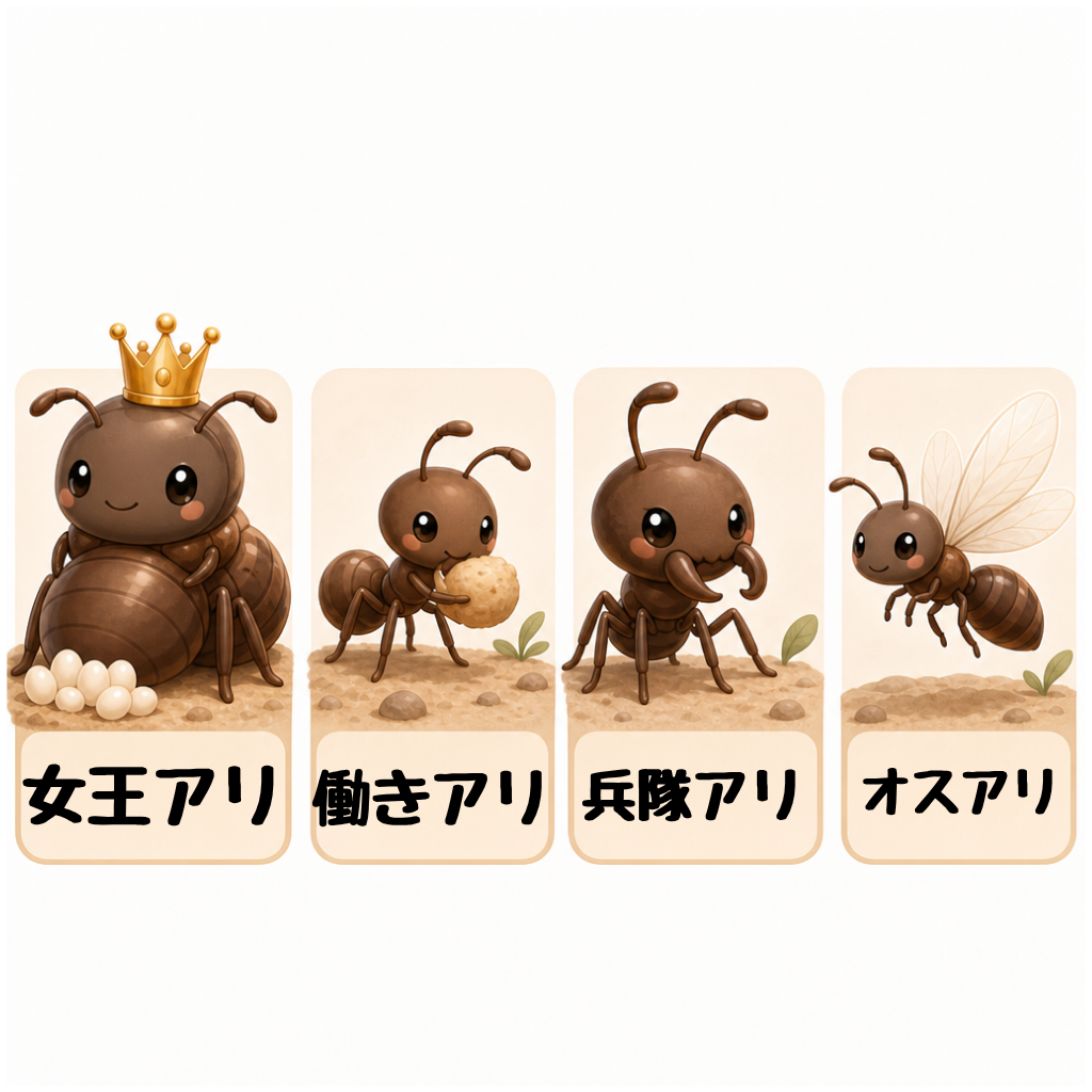 図解A:アリの4つのカースト(役割分担)