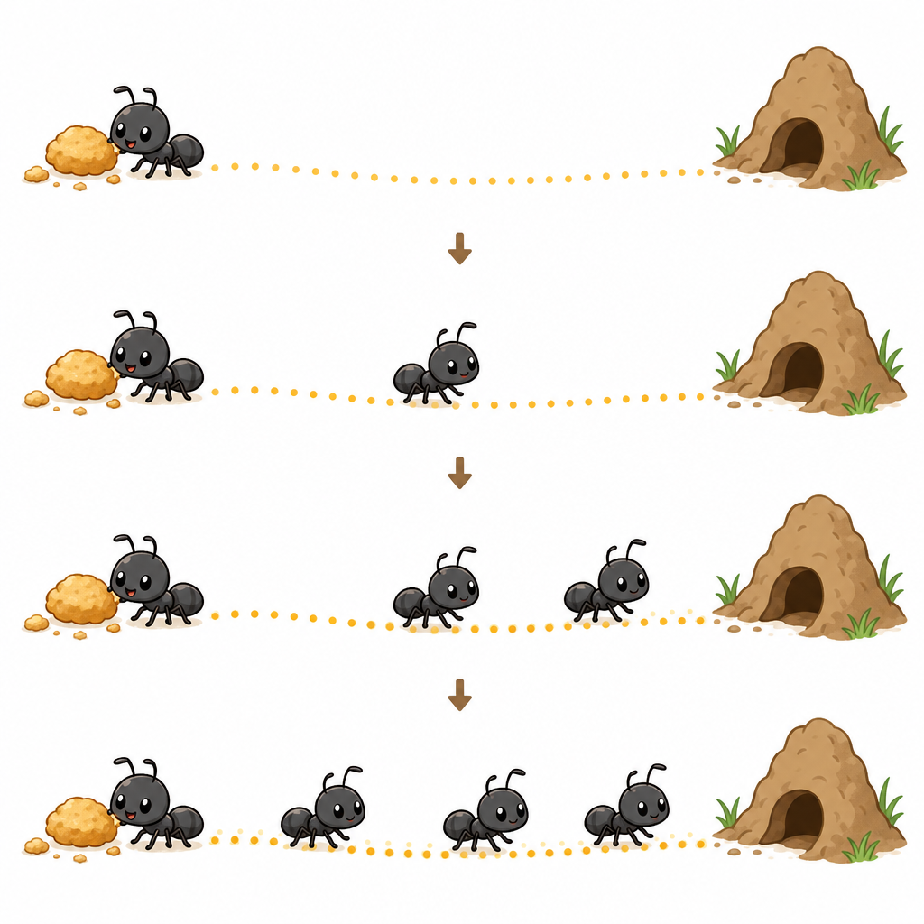 図解B:フェロモンの道しるべのしくみ