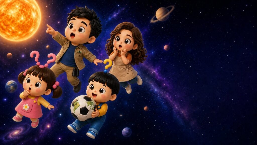 地球の大きさをサッカーボールに例えて宇宙を考える家族のかわいいイラスト