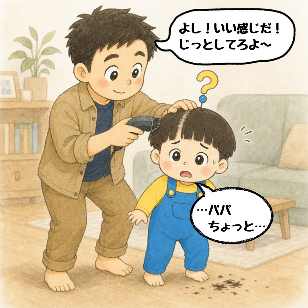 坊主事件2話2コマ目:刈り始めて不安顔のもしまる君「…パパ ちょっと…」