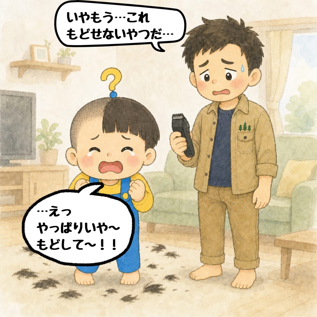 坊主事件2話3コマ目:大泣き「やっぱりいや〜もどして〜」と困り顔のパパ
