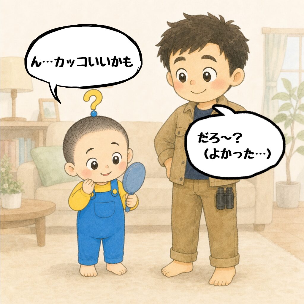 坊主事件2話4コマ目:鏡を見て「ん…カッコいいかも」と照れるもしまる君