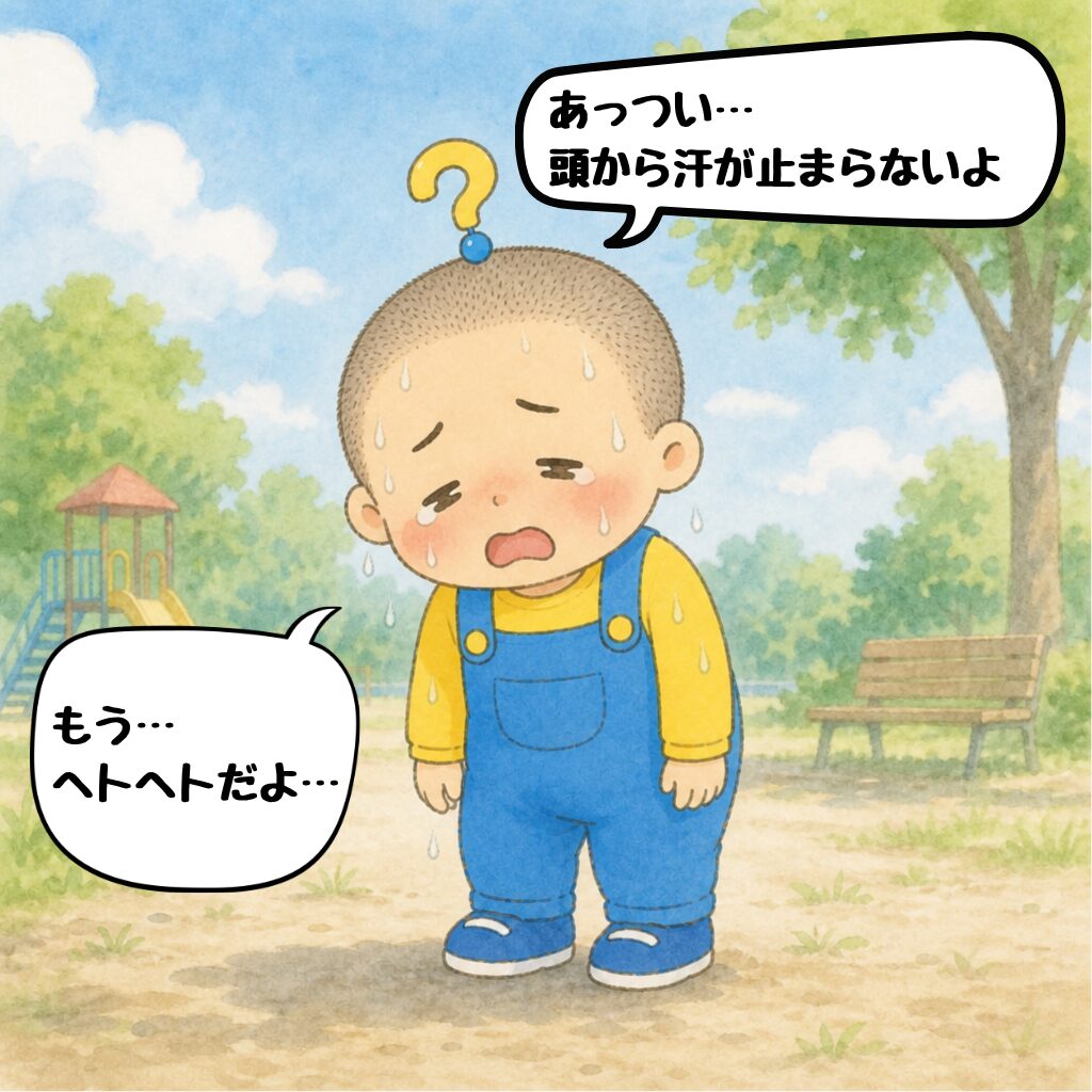 坊主事件3話3コマ目:真夏の公園で汗だくぐったりのもしまる君