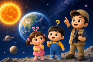 もしまる家のもしまる君・なでなちゃん・ワクパパが宇宙を背景に、輝く太陽と青い地球を見上げているイラスト