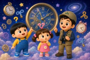 もしまる君・なでなちゃん・ワクパパが、大きな時計や歯車が浮かぶ宇宙を背景にワクワクしているイラスト