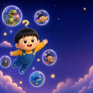 もしまる君が夢の世界をふわふわ飛び、夢のシャボン玉が浮かんでいるイラスト