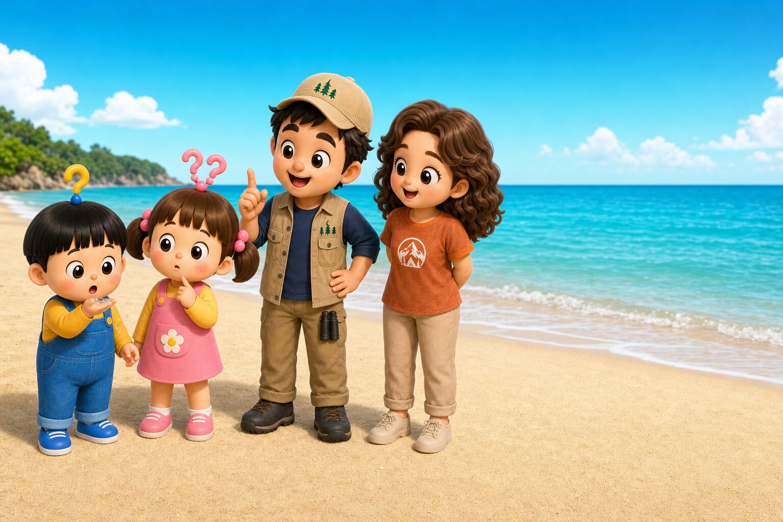 海辺で海の水をなめて驚くもしまる君と、なんでと首をかしげるなでなちゃん、解説するワクパパ、笑顔のぽかママ