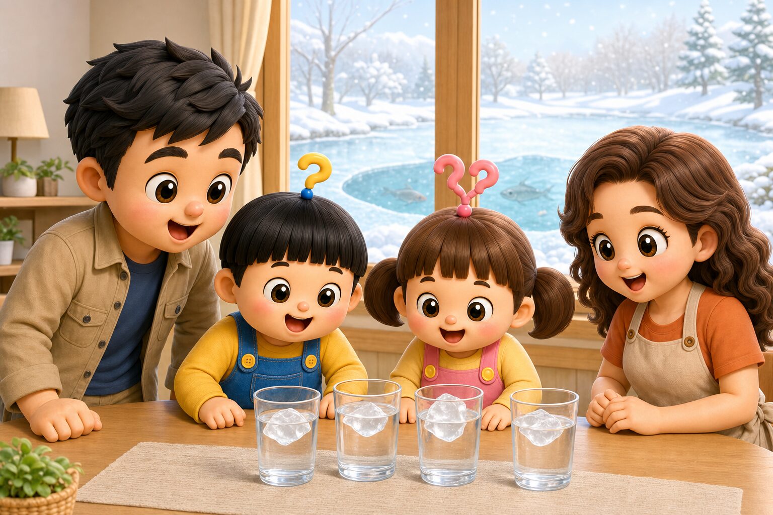 もしまる家族がコップに浮かぶ氷を観察するイラスト