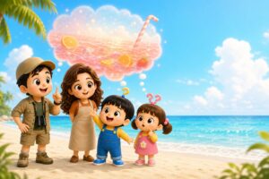もしも海が甘かったら？もしまる家が夏の海辺で甘いジュースの海を想像するアイキャッチ