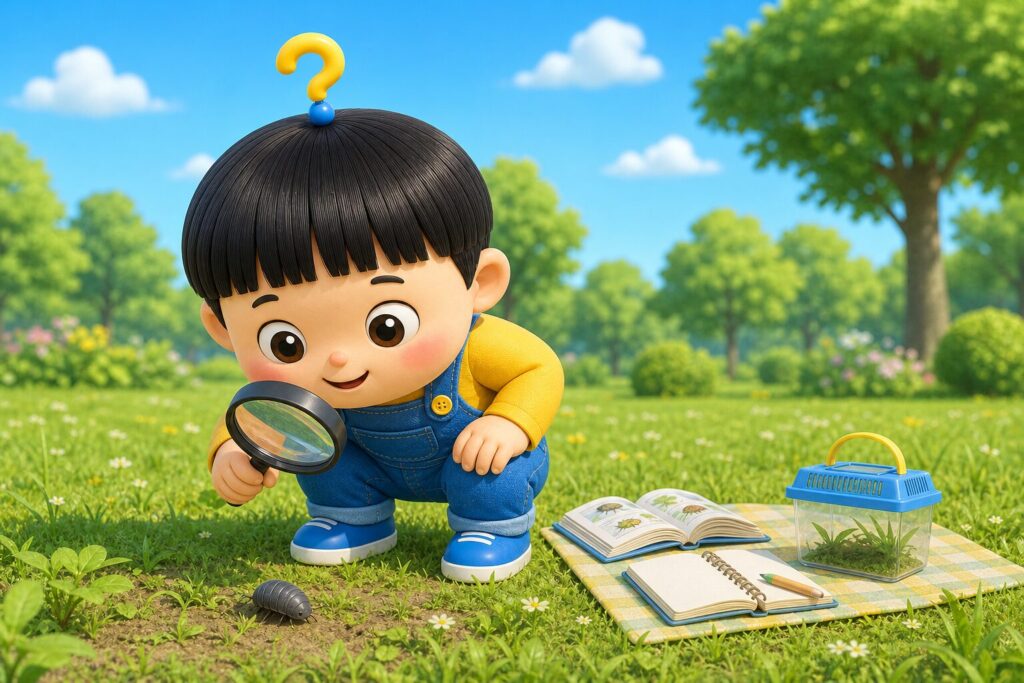 公園で虫めがねを使ってダンゴムシを観察するもしまる君（子どもの虫の観察グッズ）