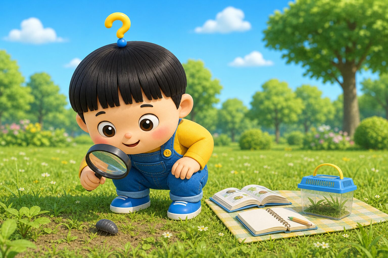 公園で虫めがねを使ってダンゴムシを観察するもしまる君(子どもの虫の観察グッズ)