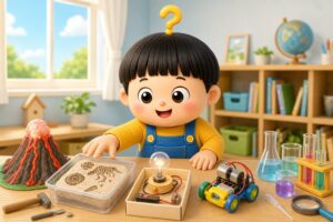 机に並んだ自由研究キット(火山・化石発掘・ライト・モーターカー・実験道具)を前にワクワクするもしまる君