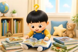 部屋で動物図鑑を開いて夢中で読むもしまる君。まわりに恐竜や植物などの子ども向け図鑑が並んでいる