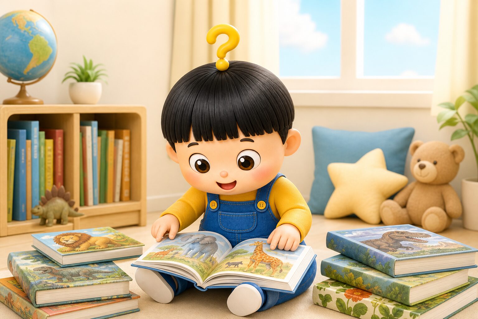 部屋で動物図鑑を開いて夢中で読むもしまる君。まわりに恐竜や植物などの子ども向け図鑑が並んでいる