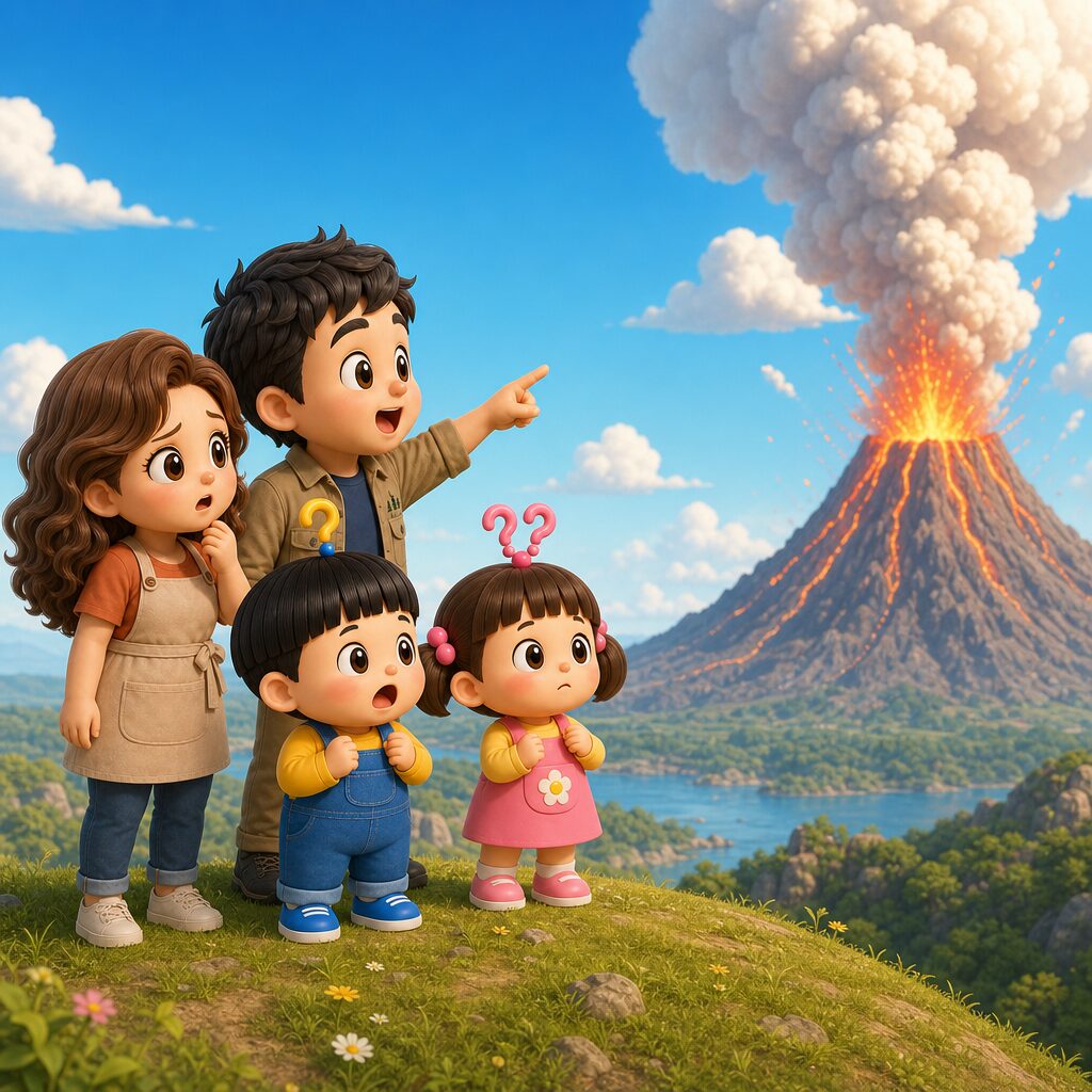 もしも火山が噴火したら？もしまる家が遠くの噴火する火山を見ているアイキャッチ