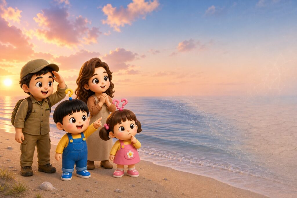 もしも海がなくなったら？もしまる家が夕暮れの海辺で広い海を見つめるアイキャッチ