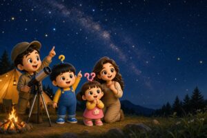 なんで星は光るの?もしまる家が夜のキャンプで満天の星空を見上げているアイキャッチ