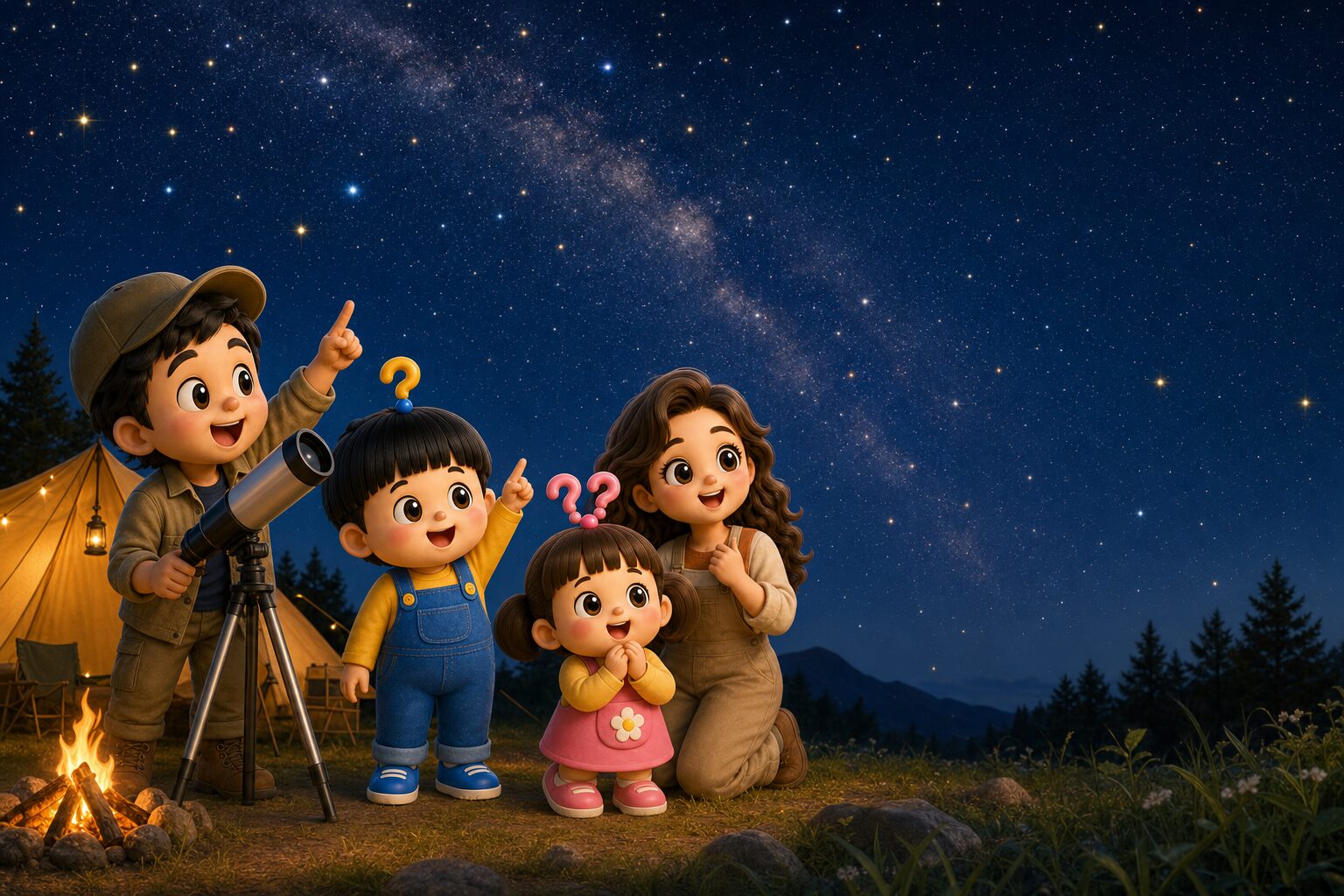 なんで星は光るの?もしまる家が夜のキャンプで満天の星空を見上げているアイキャッチ