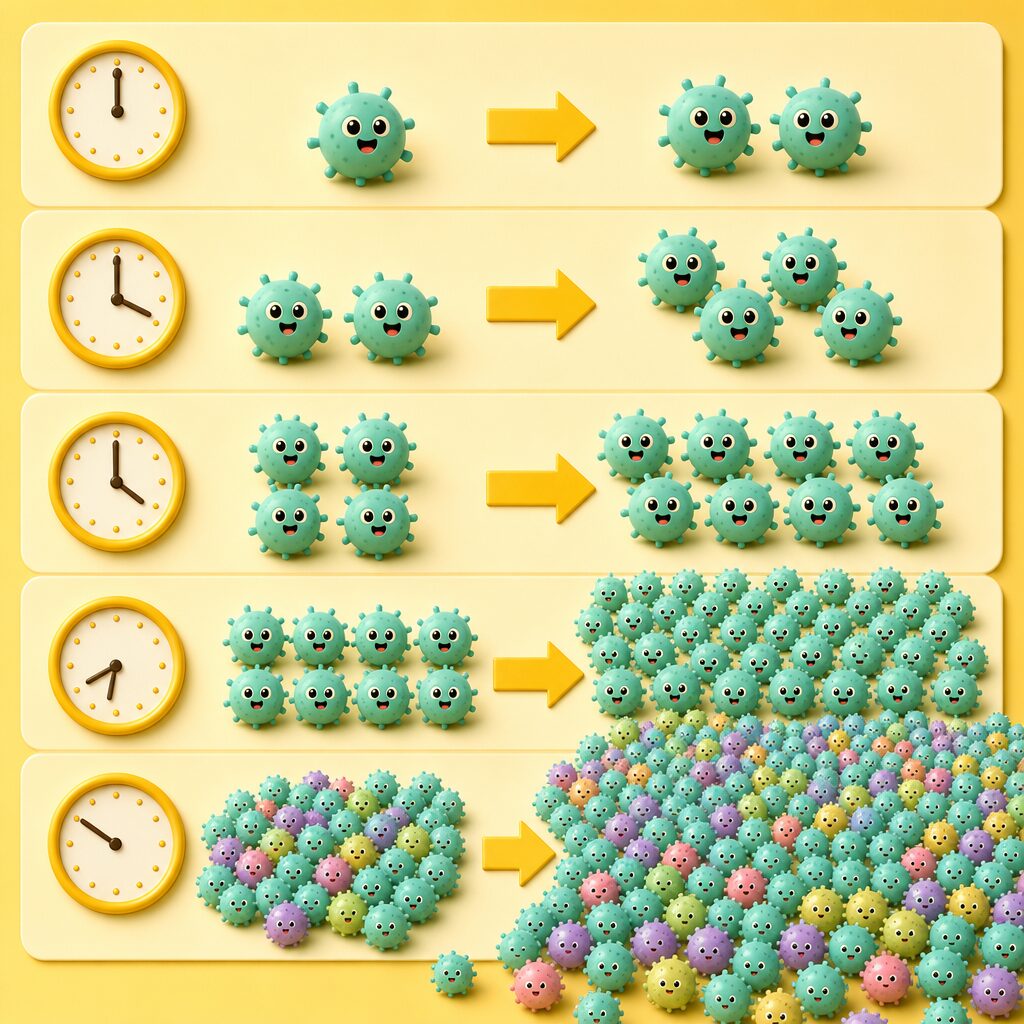 1個の細菌が20分ごとに倍々に増えていく様子のイラスト