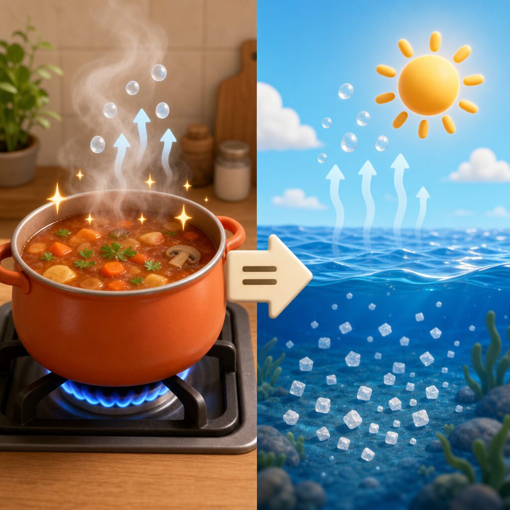 鍋のスープが煮詰まって味が濃くなるように、海も水だけ蒸発して塩が濃くなることを対比した図解
