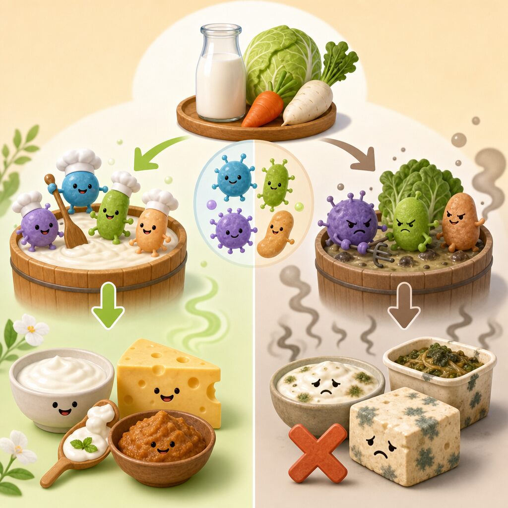 同じ微生物でも発酵(おいしい変化)と腐敗(悪い変化)に分かれることを示す比較イラスト