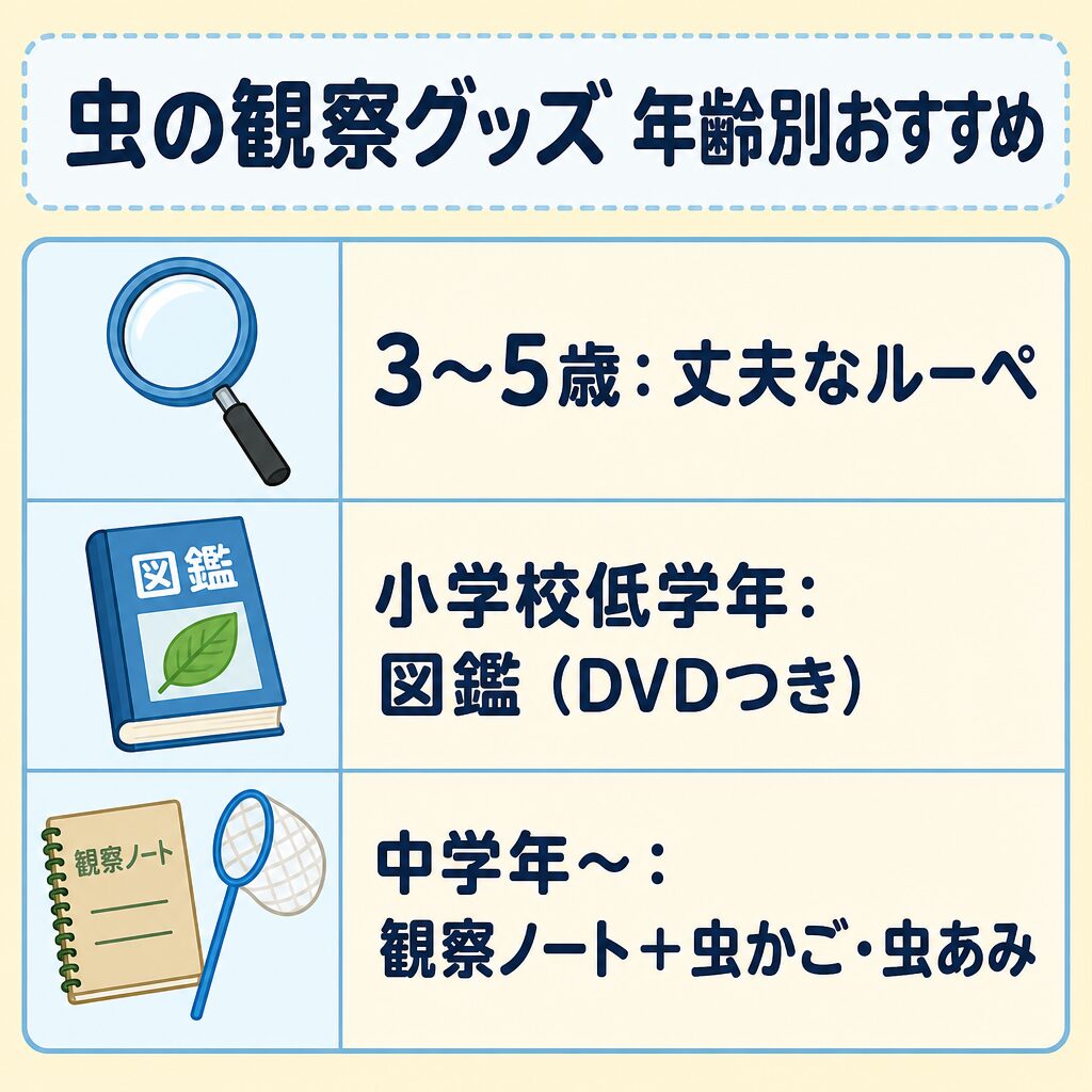 虫の観察グッズ 年齢別おすすめ早見表(3〜5歳=ルーペ/小学校低学年=図鑑/中学年〜=観察ノートと虫かご)