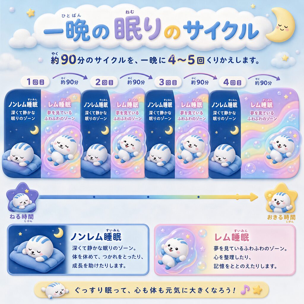 レム睡眠とノンレム睡眠が一晩に約90分周期で4〜5回くりかえす眠りのサイクルの図解