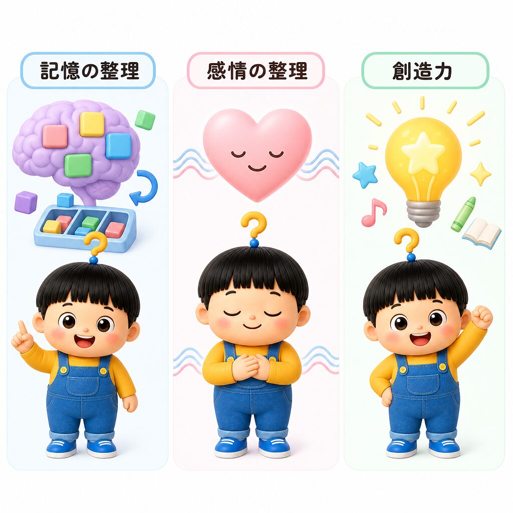 夢の3つの役割(記憶の整理・感情の整理・創造力)をもしまる君と3パネルで示した図解