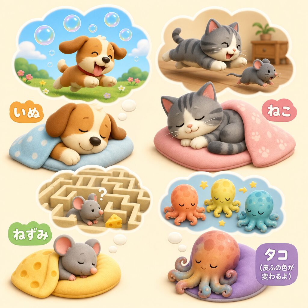 犬・猫・ネズミ・タコが眠りながら夢を見ている様子の図解