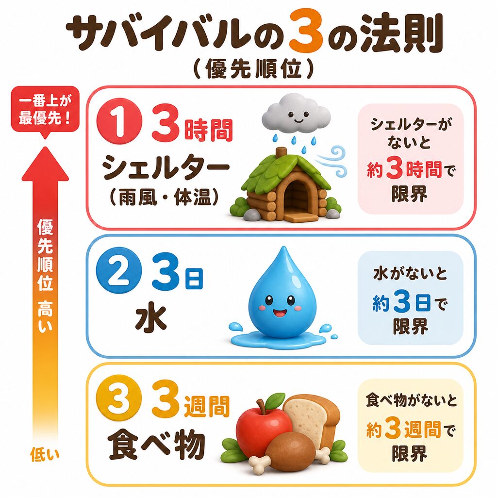サバイバルの3の法則。3時間でシェルター、3日で水、3週間で食べ物が限界という優先順位の図解