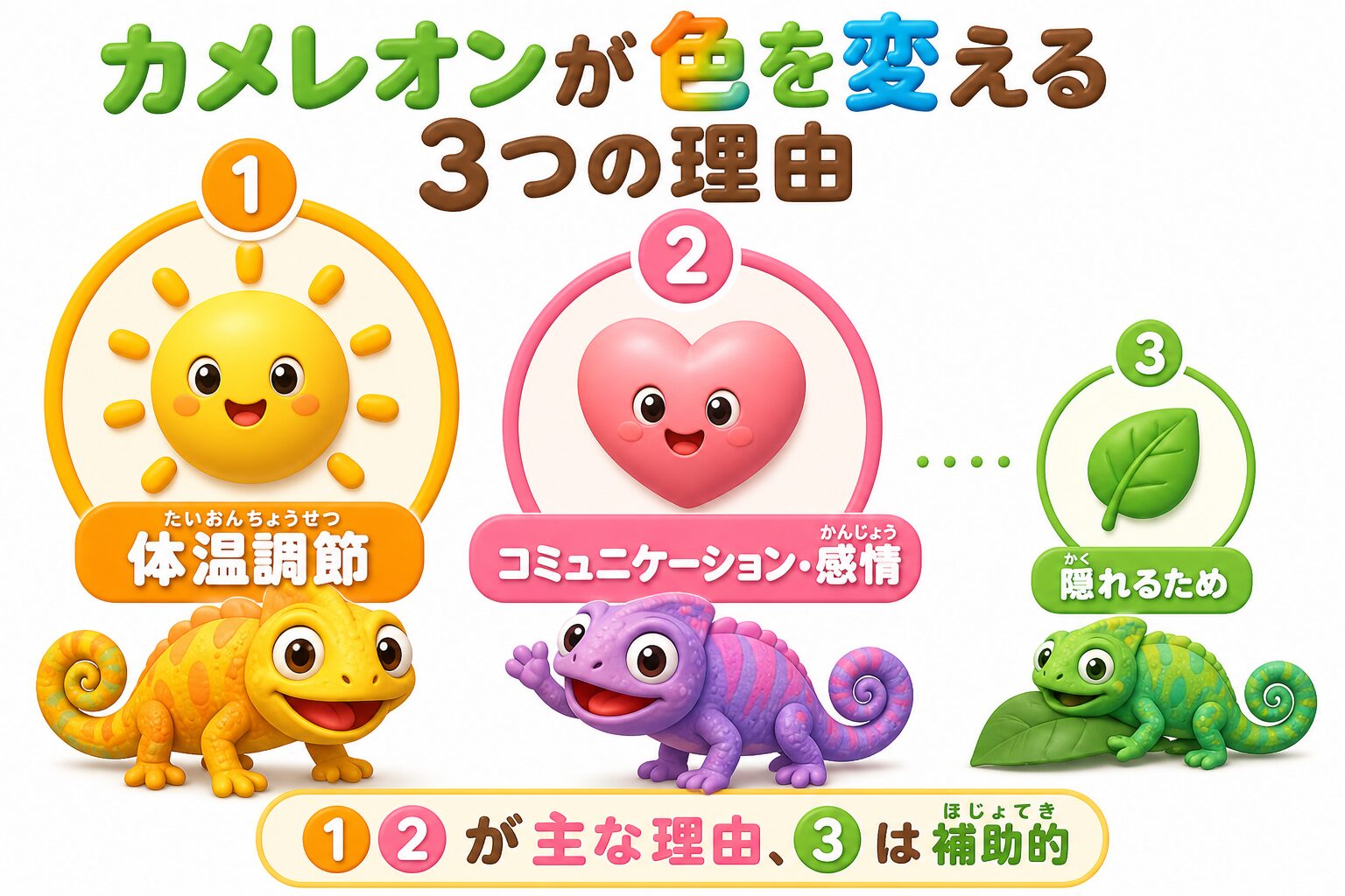 カメレオンが色を変える3つの理由(体温調節・感情やコミュニケーション・隠れるため)を示した図解