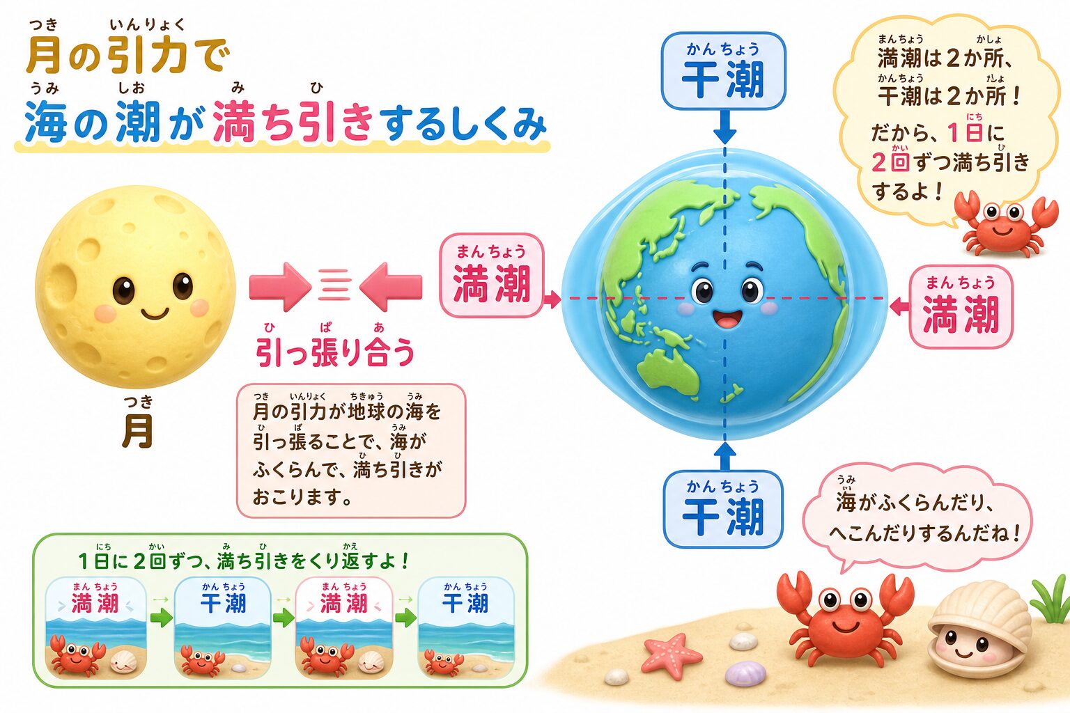 月の引力で海が満ち引きするしくみの図解。月の側と反対側の両方が満潮、横の2か所が干潮で1日2回くり返す