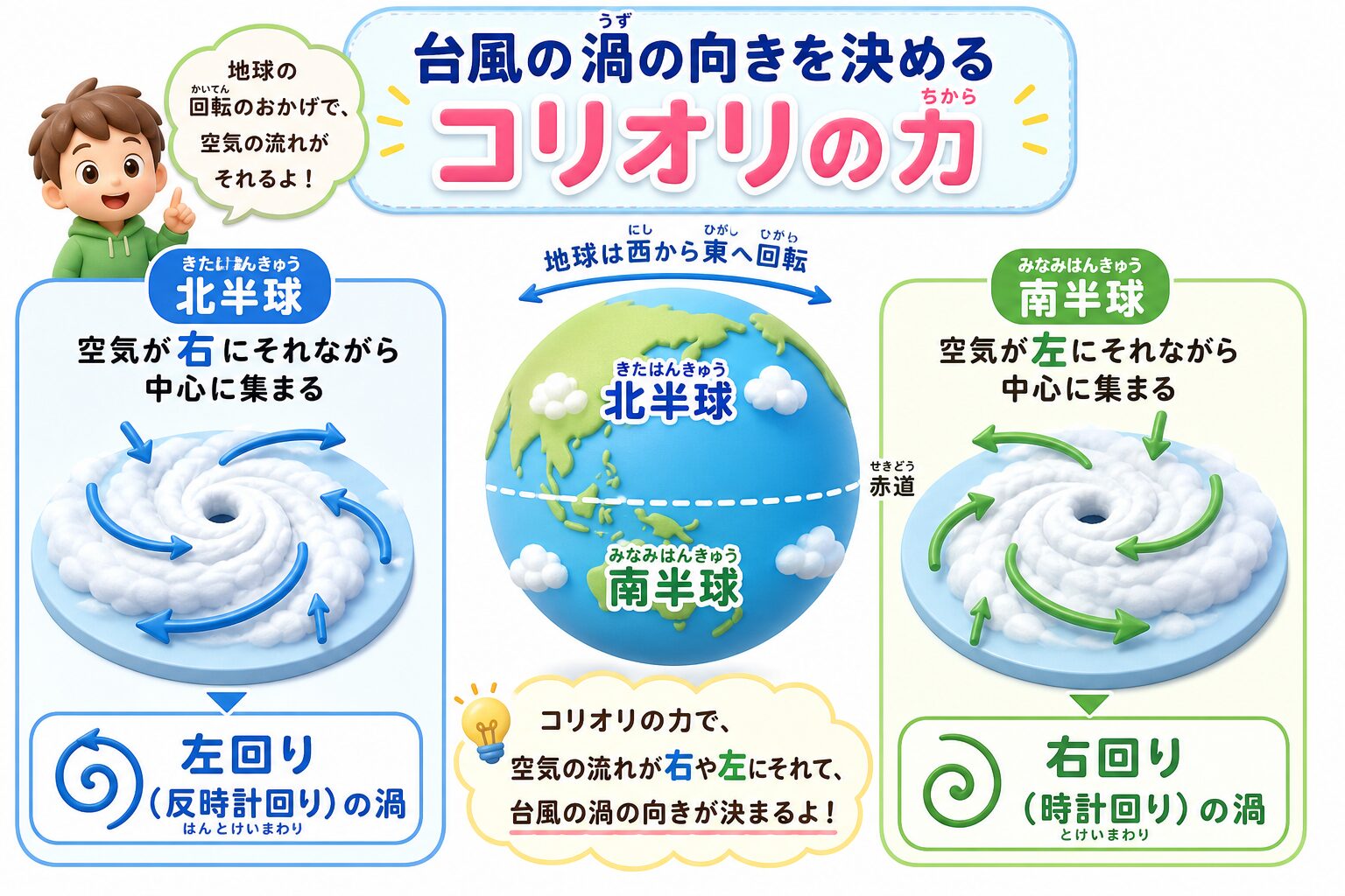 コリオリの力で台風の渦の向きが決まるしくみの図解。北半球は左回り(反時計回り)、南半球は右回り