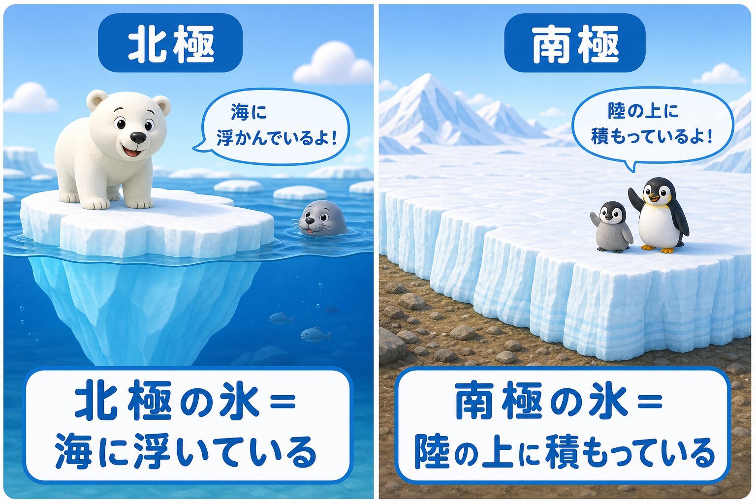 北極の氷は海に浮き、南極の氷は陸の上に積もっているという違いを比べた図解