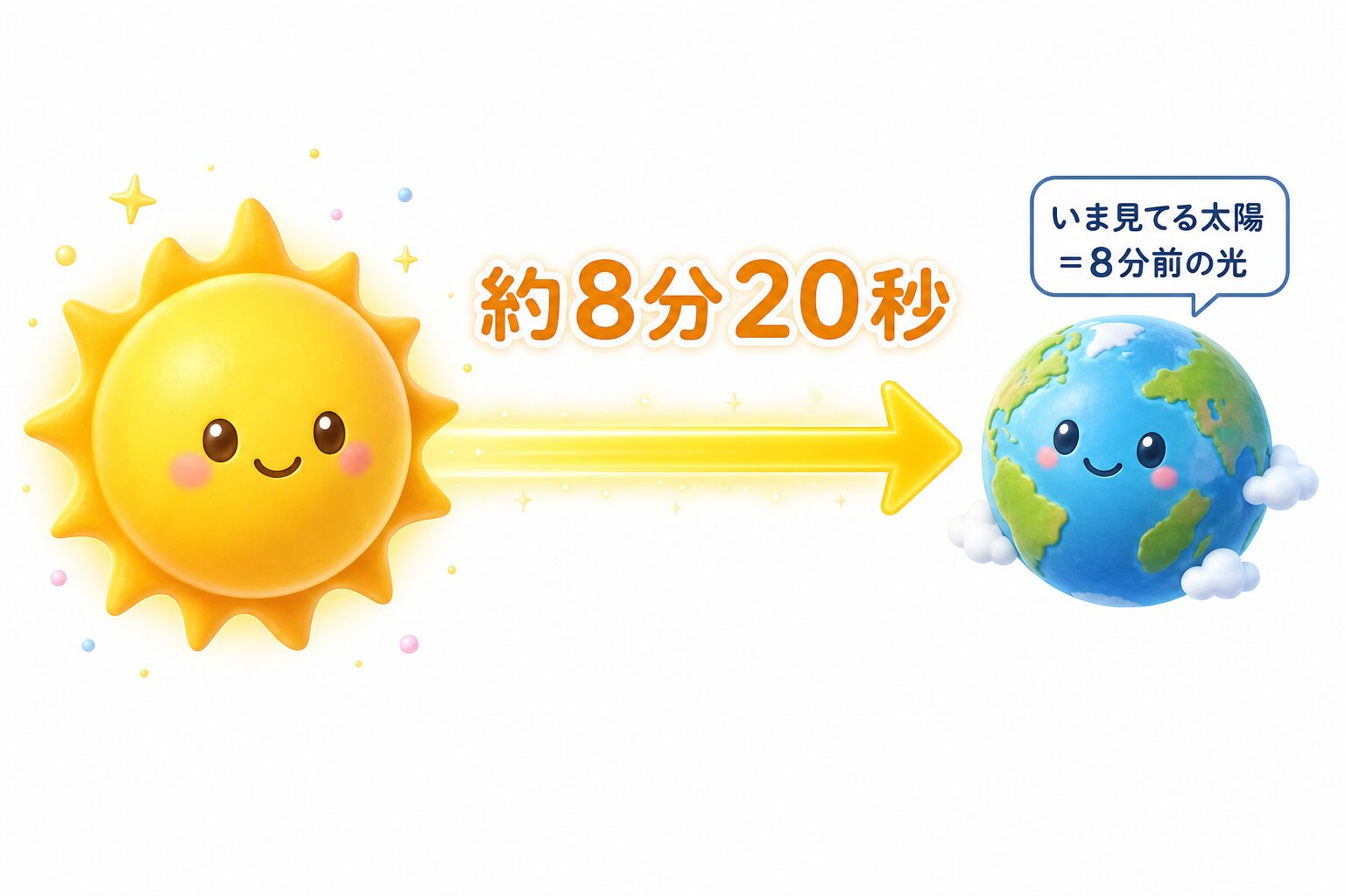 太陽から地球まで光が届くのに約8分20秒かかり、いま見ている太陽は8分前の光であることを示す図解