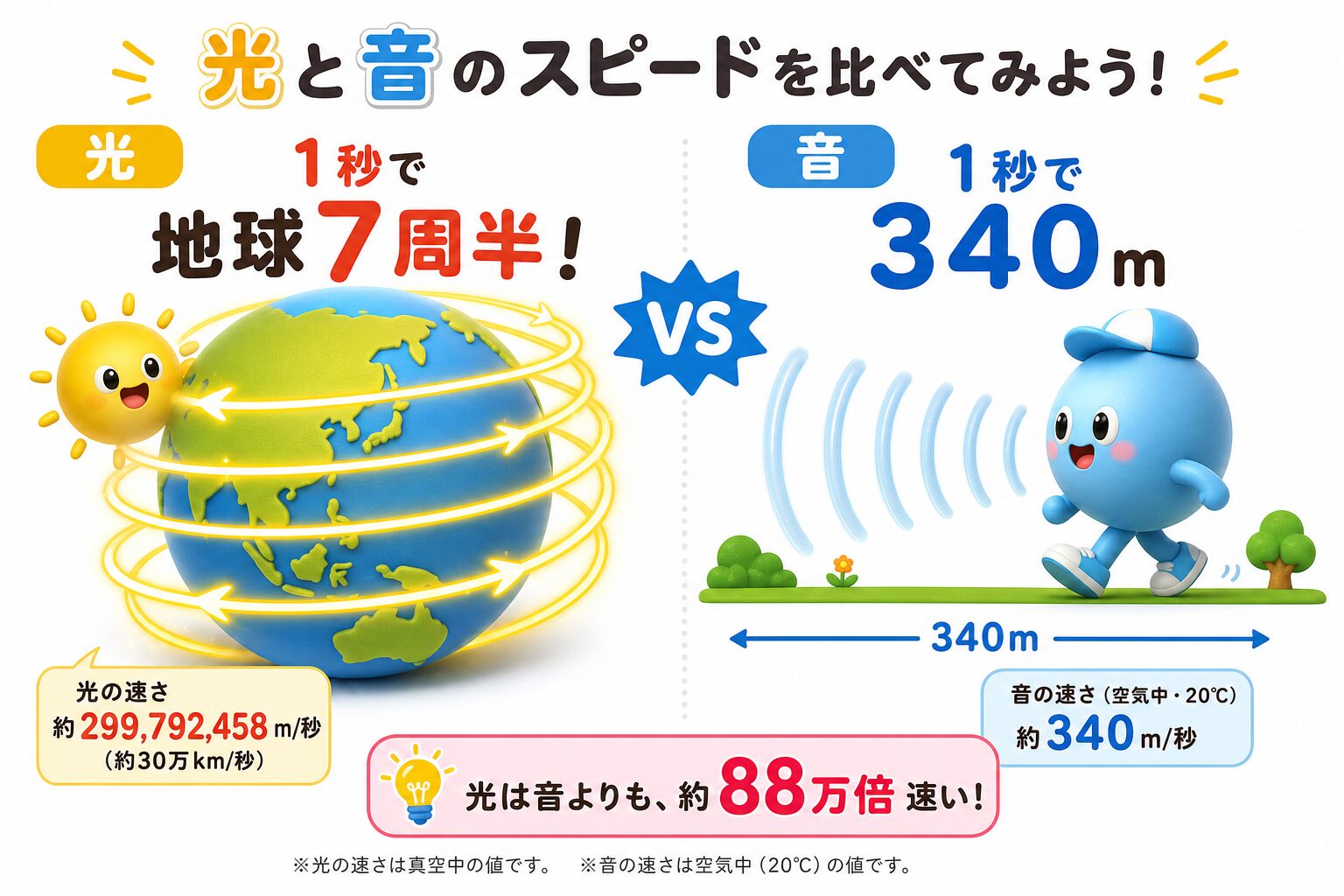 光は1秒で地球を7周半、音は1秒で340メートルで、光は音の約88万倍速いことを比べた図解