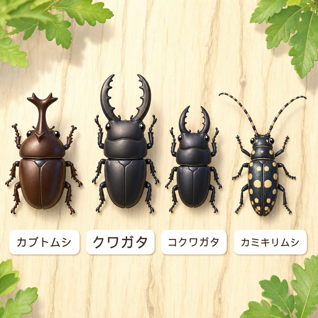 昼のキャンプ場で見つかるカブトムシ・クワガタ・コクワガタ・カミキリムシの図解