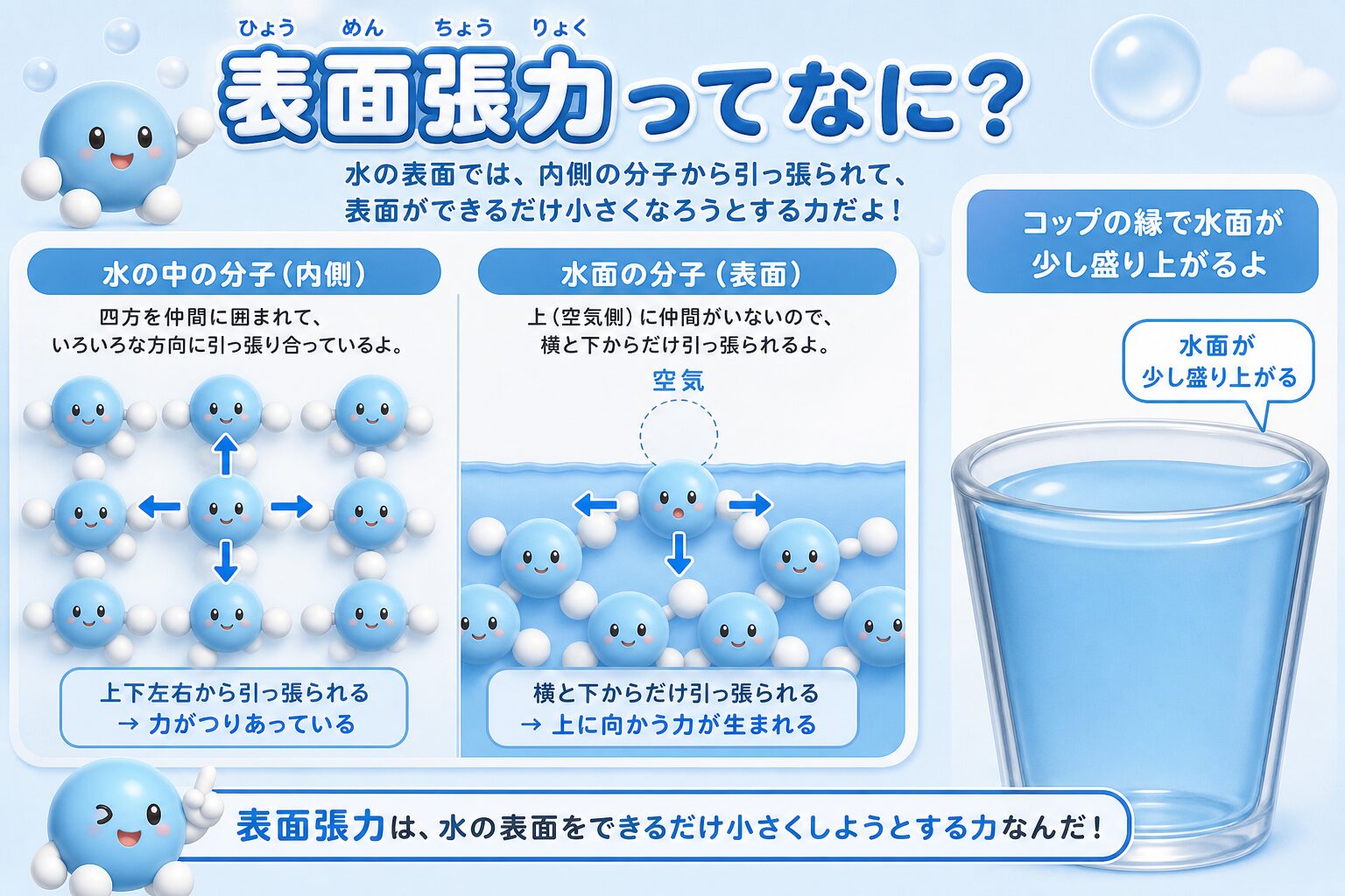 水面の分子は上に仲間がなく横と下から引っ張られるため、表面をできるだけ小さくしようとする表面張力の図解
