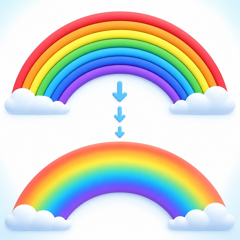 上は7色にくっきり分けた虹、下は境目なくなめらかにつながった虹を比べた図解