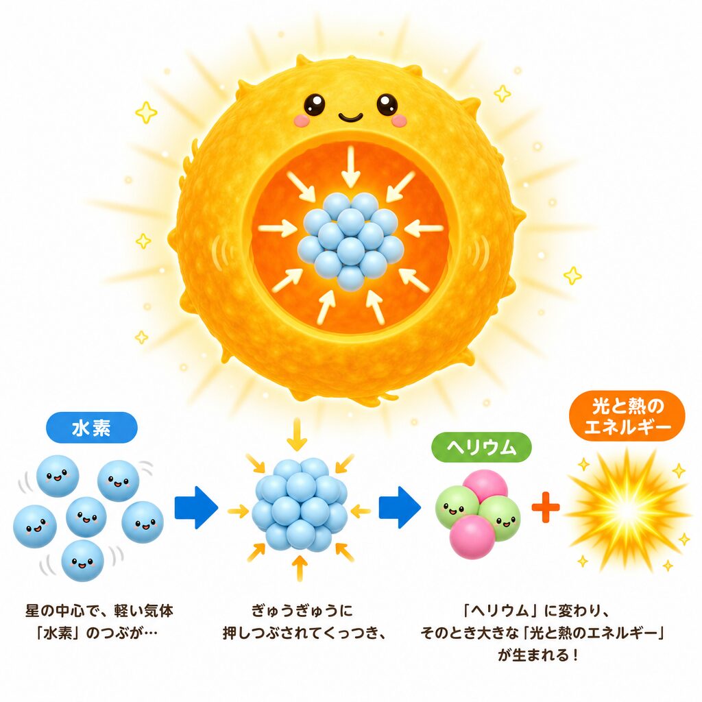 星が光るしくみ。星の中心で水素がヘリウムに変わり光と熱のエネルギーが生まれる核融合の図解