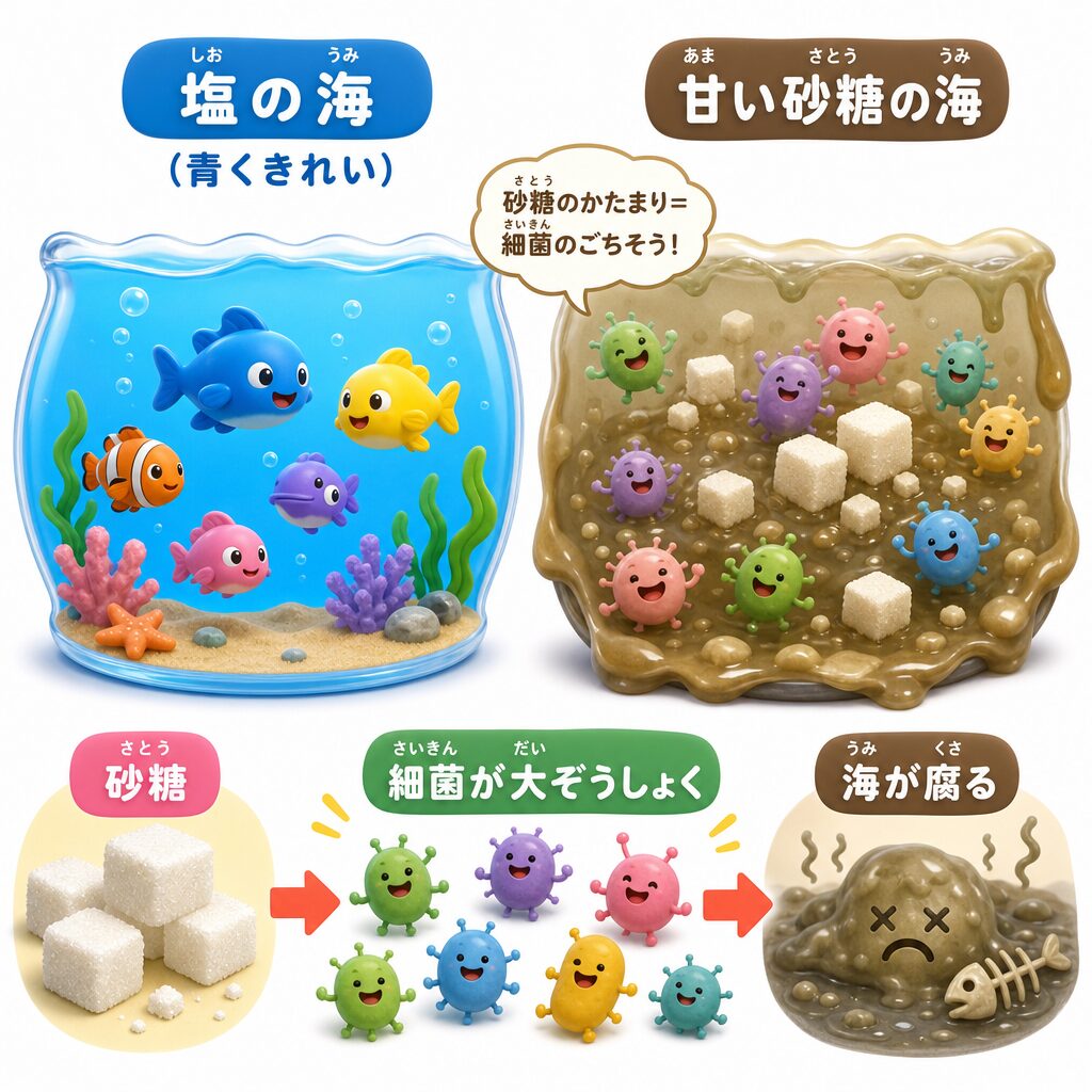 甘い砂糖の海は細菌が大ぞうしょくして腐ることを示す図解