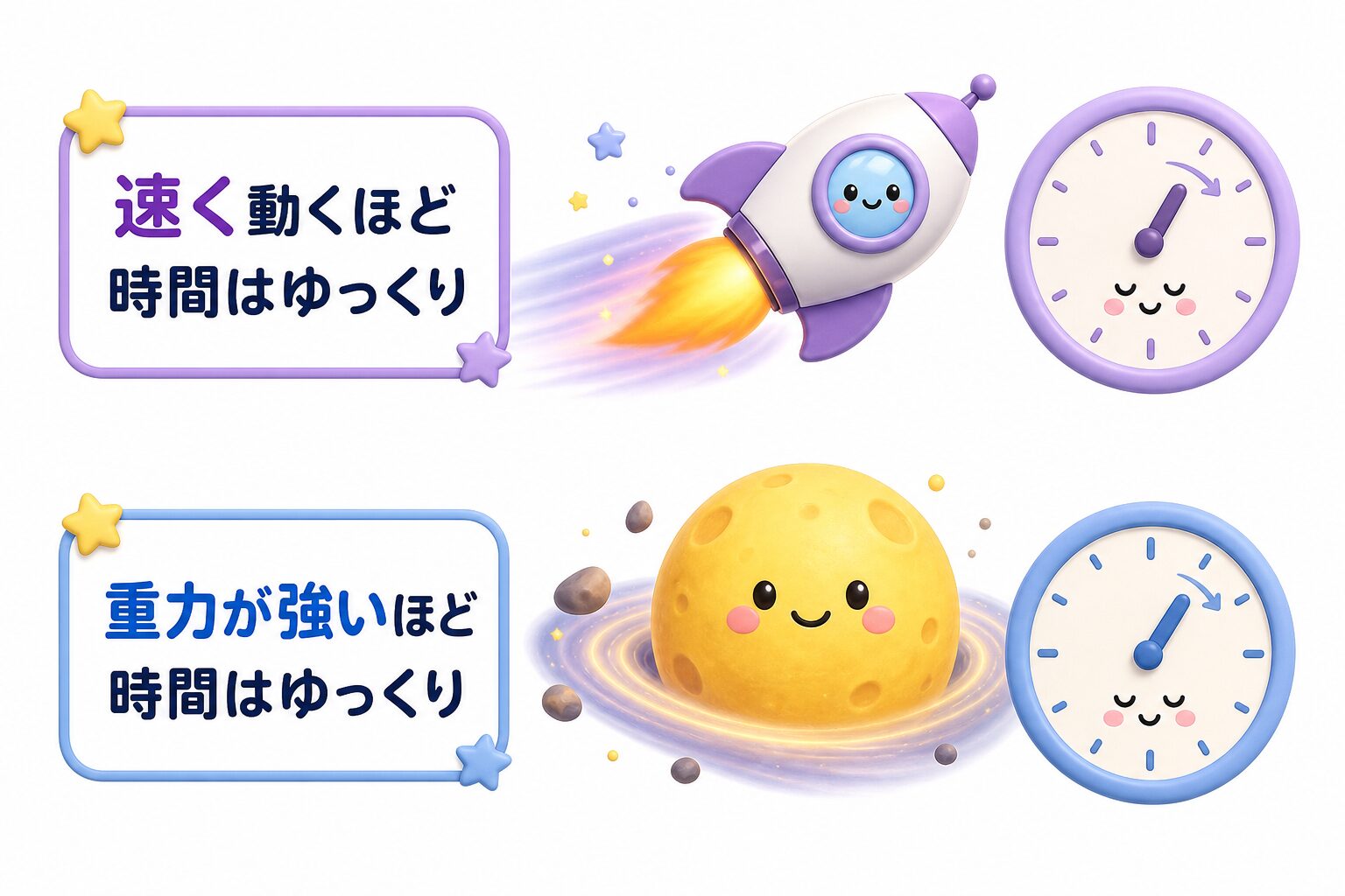 速く動くほど・重力が強いほど時間がゆっくり進むという、時間ののびちぢみ2つのルールの図解