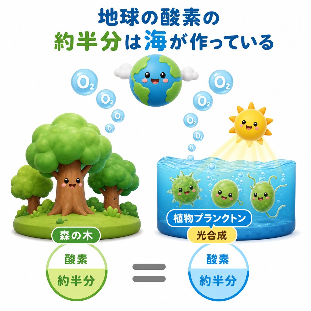 地球の酸素の約半分は海の植物プランクトンが光合成で作っていることを示す図解