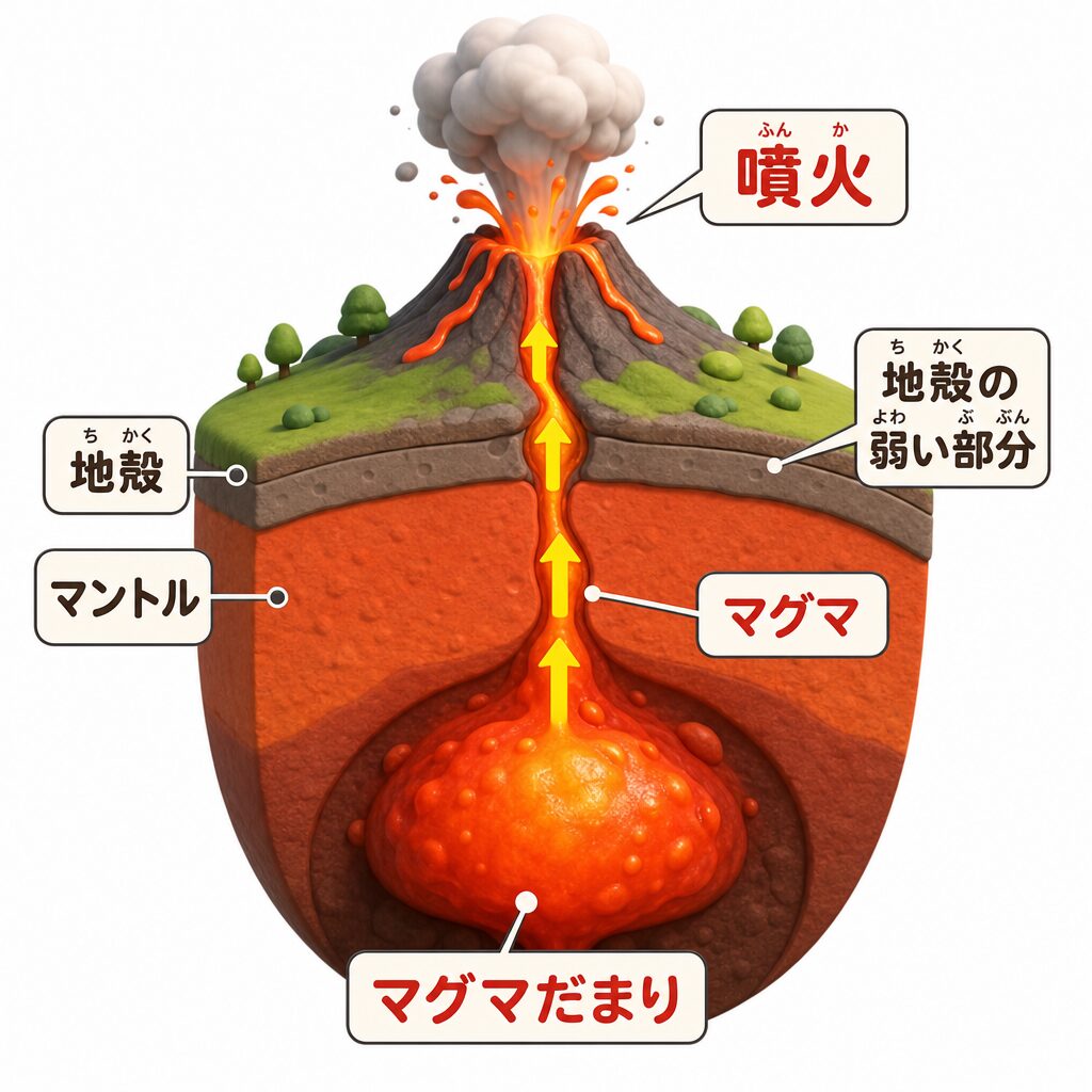 火山が噴火するしくみ。マグマだまりからマグマが上昇し地表で噴火する断面図
