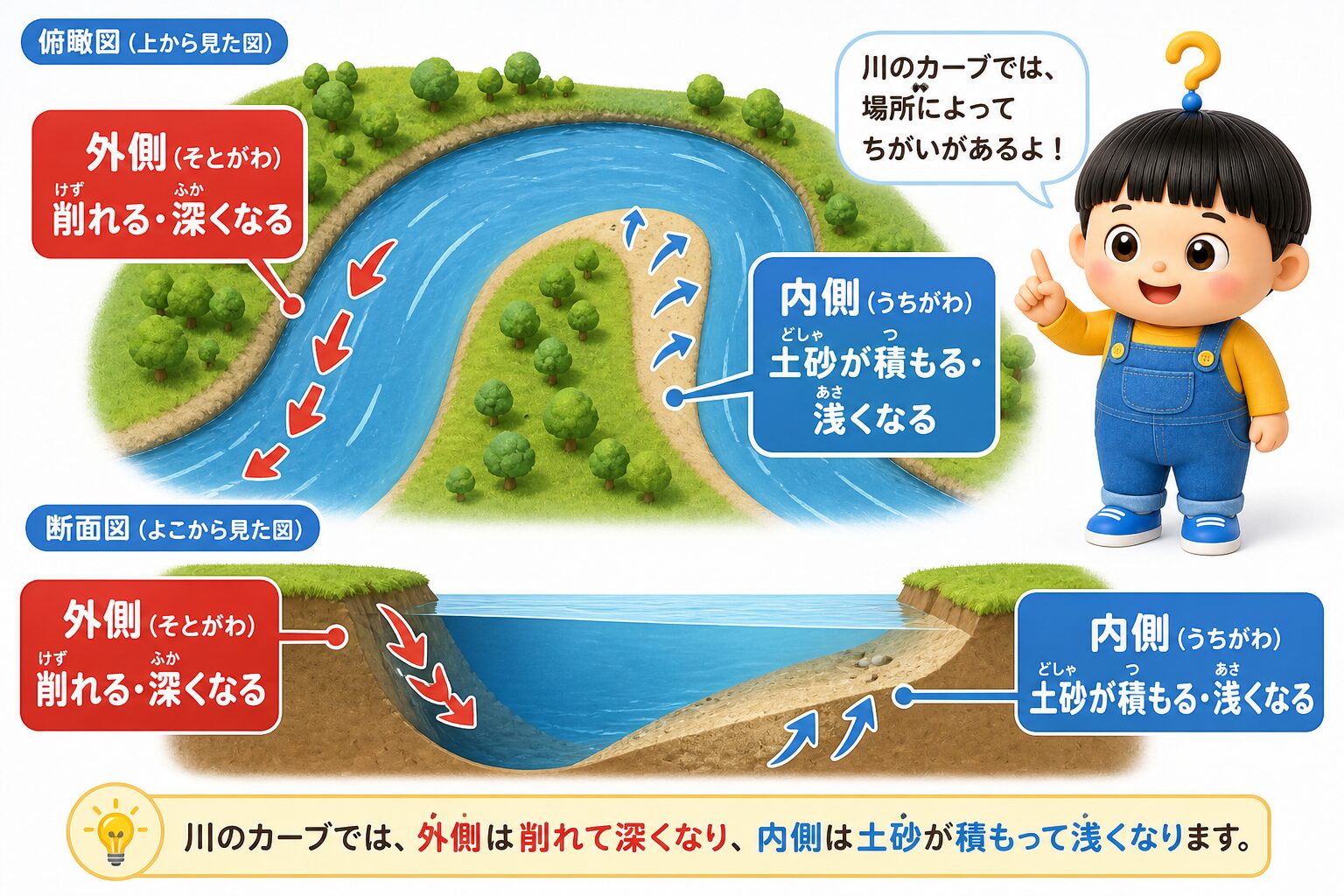 川のカーブの外側は削れて深くなり、内側は土砂が積もって浅くなることを俯瞰図と断面図で示した図解