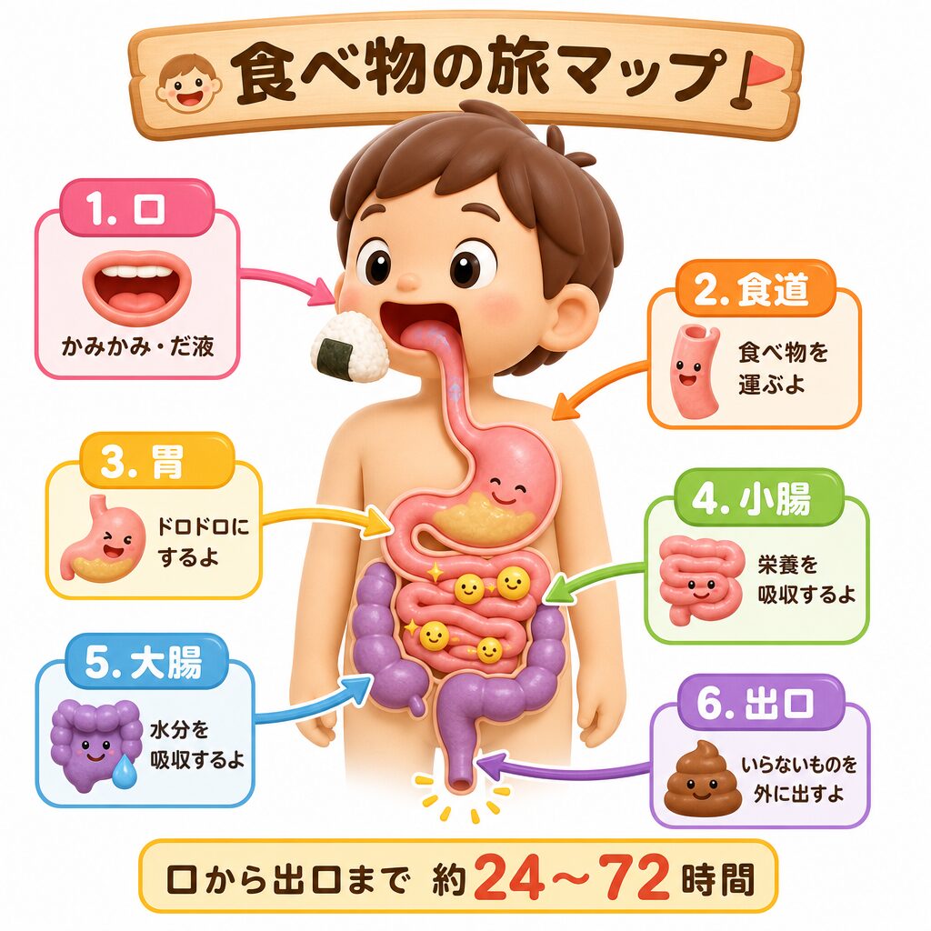 食べ物の旅マップ。口→食道→胃→小腸→大腸→出口の流れと所要約24〜72時間を示す図解
