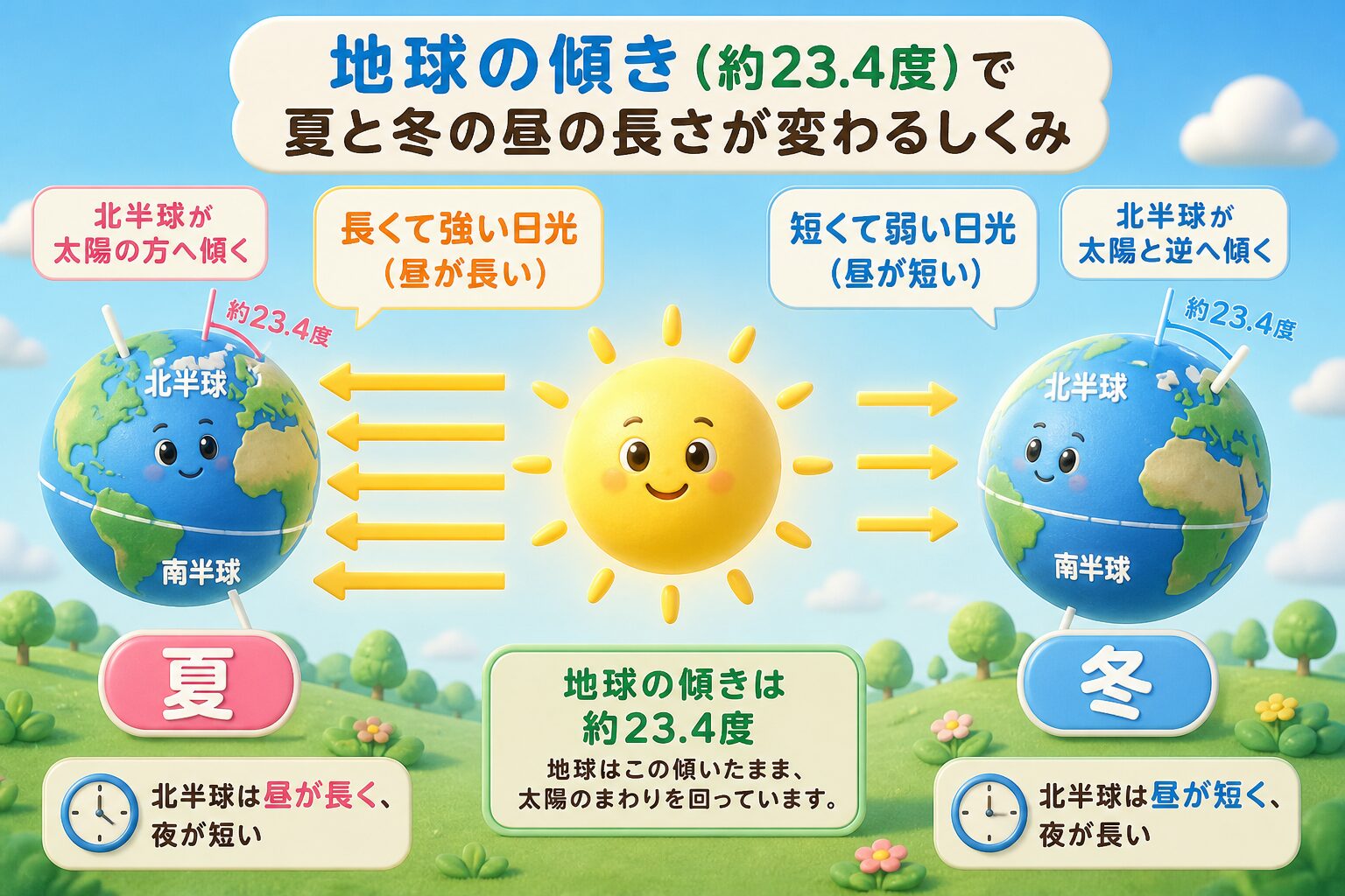 地球が約23.4度傾いて太陽をまわるため、夏は北半球が太陽側に傾き昼が長く、冬は逆で昼が短いことを示した図解