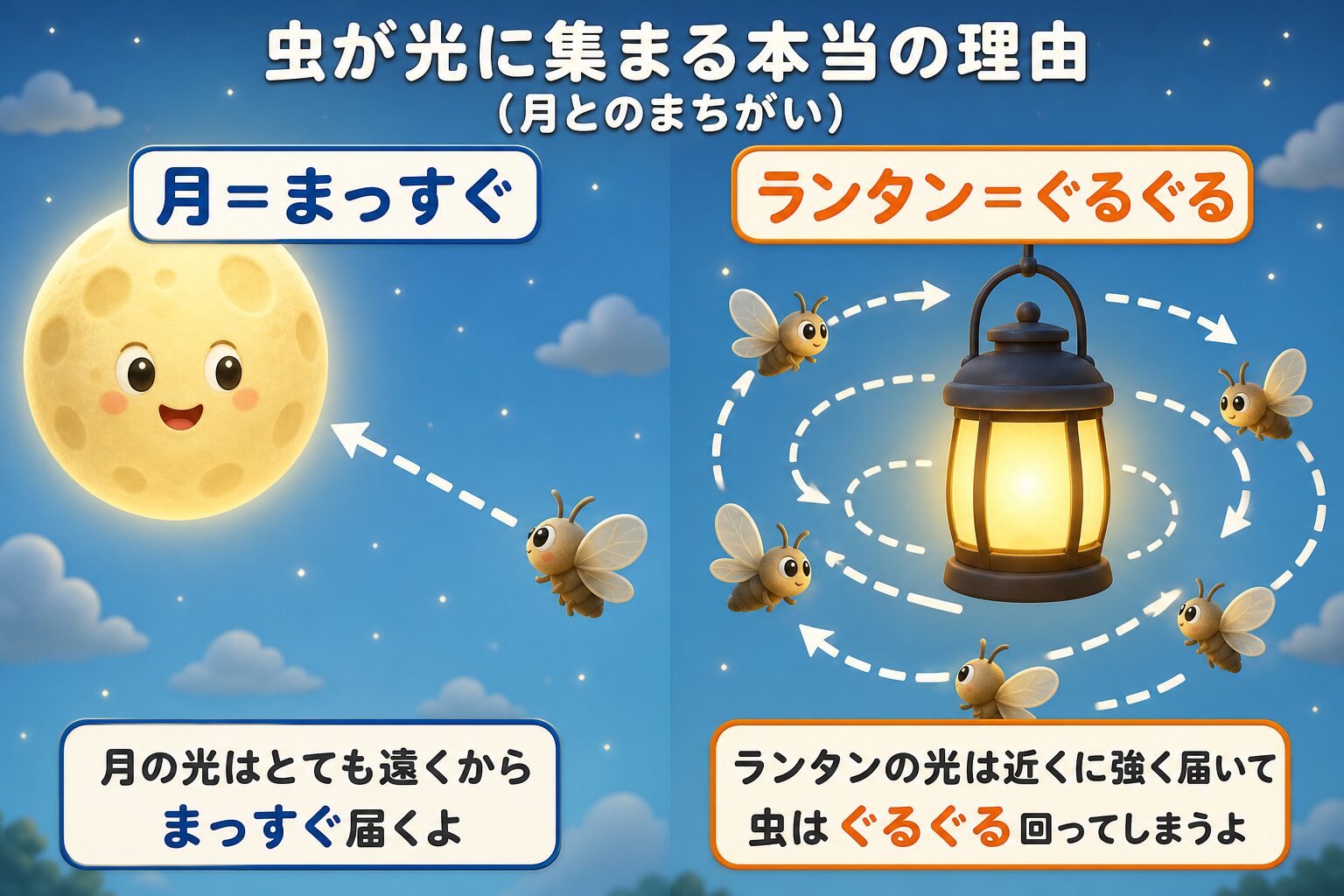 虫は遠い月にはまっすぐ飛べるが、近いランタンを月と勘違いしてぐるぐる回ってしまうしくみの図解