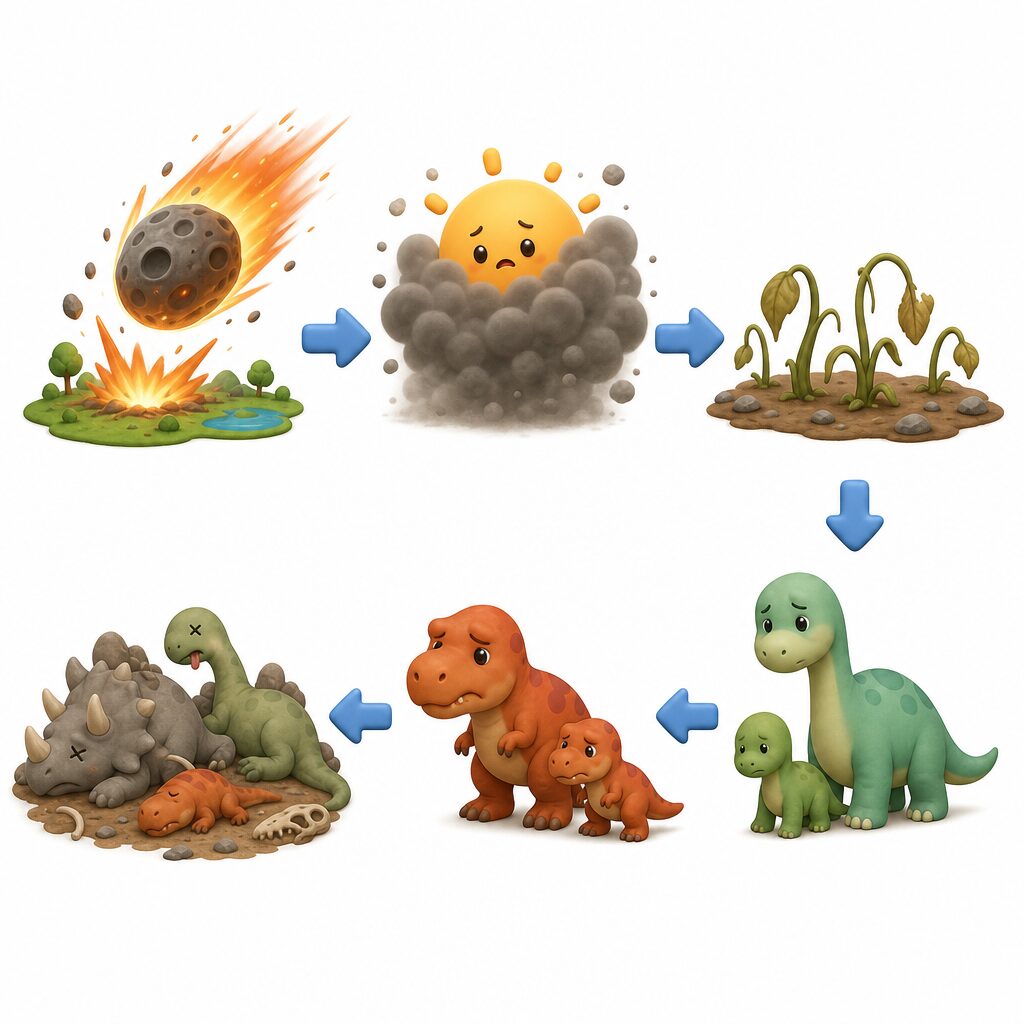恐竜絶滅の連鎖：巨大隕石→チリで太陽がかくれる→植物が育たない→草食恐竜が減る→肉食恐竜も減る→約75%が絶滅